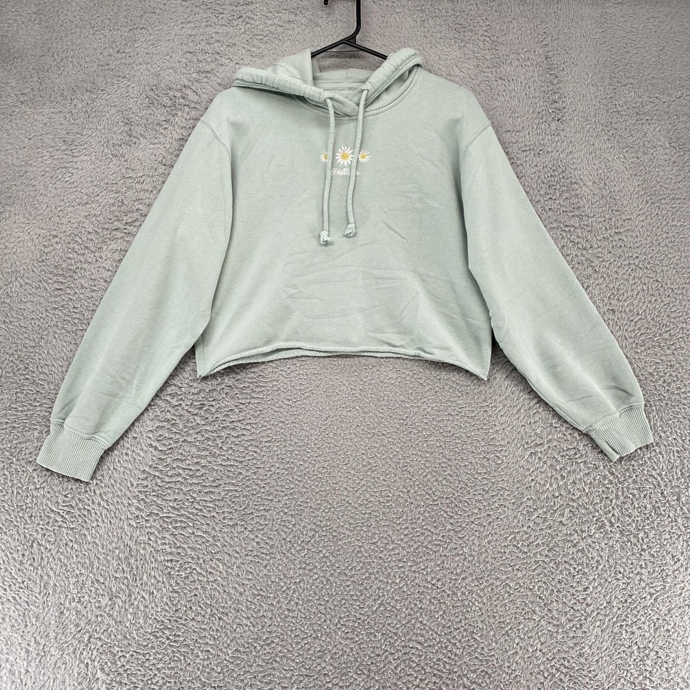 Hollister Hoodie Womens XS Green‎ Cropped Fleece Daisy Graphic Sweatshirt